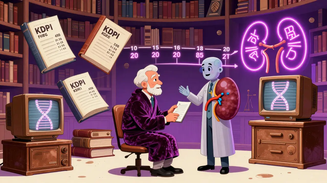A senior patient consulting a kidney-shaped AI librarian in a floating book library.