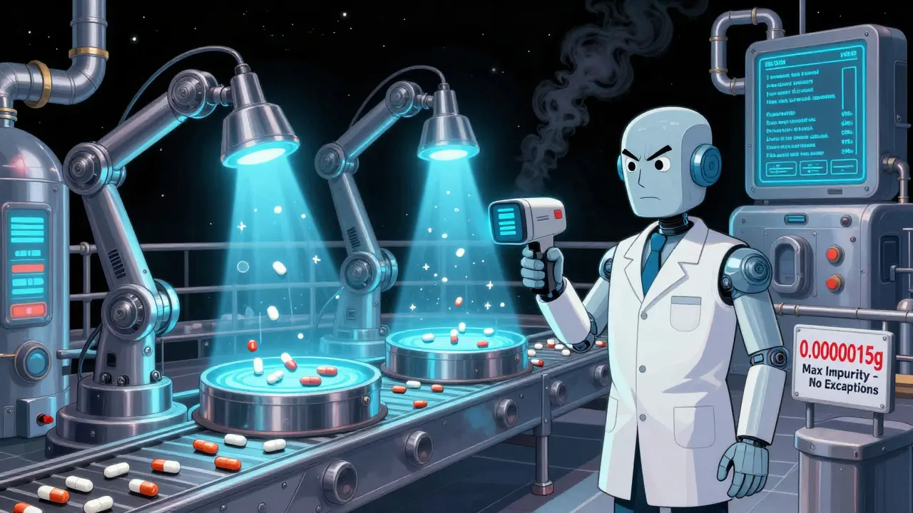 A space-age factory where robots inspect generic pills for impurities under neon lights.