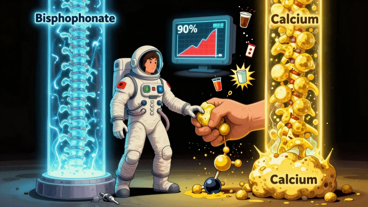 A spaceman between glowing bisphosphonate and calcium pillars, as a molecular hand crushes calcium into a blocking lump.