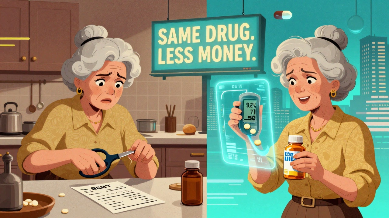 A split-panel illustration of an elderly woman switching from cutting pills to taking full generics, with a holographic health improvement display.