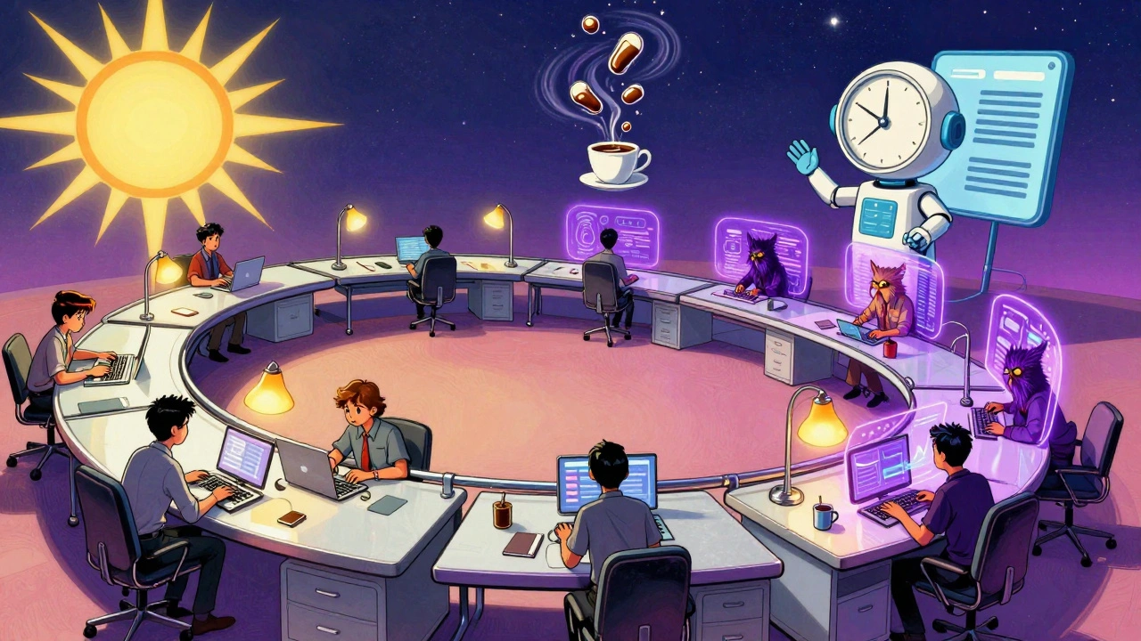 A surreal office with workers aligned to a timeline, larks in sunlight and owls under neon holograms, in 70s sci-fi poster style.