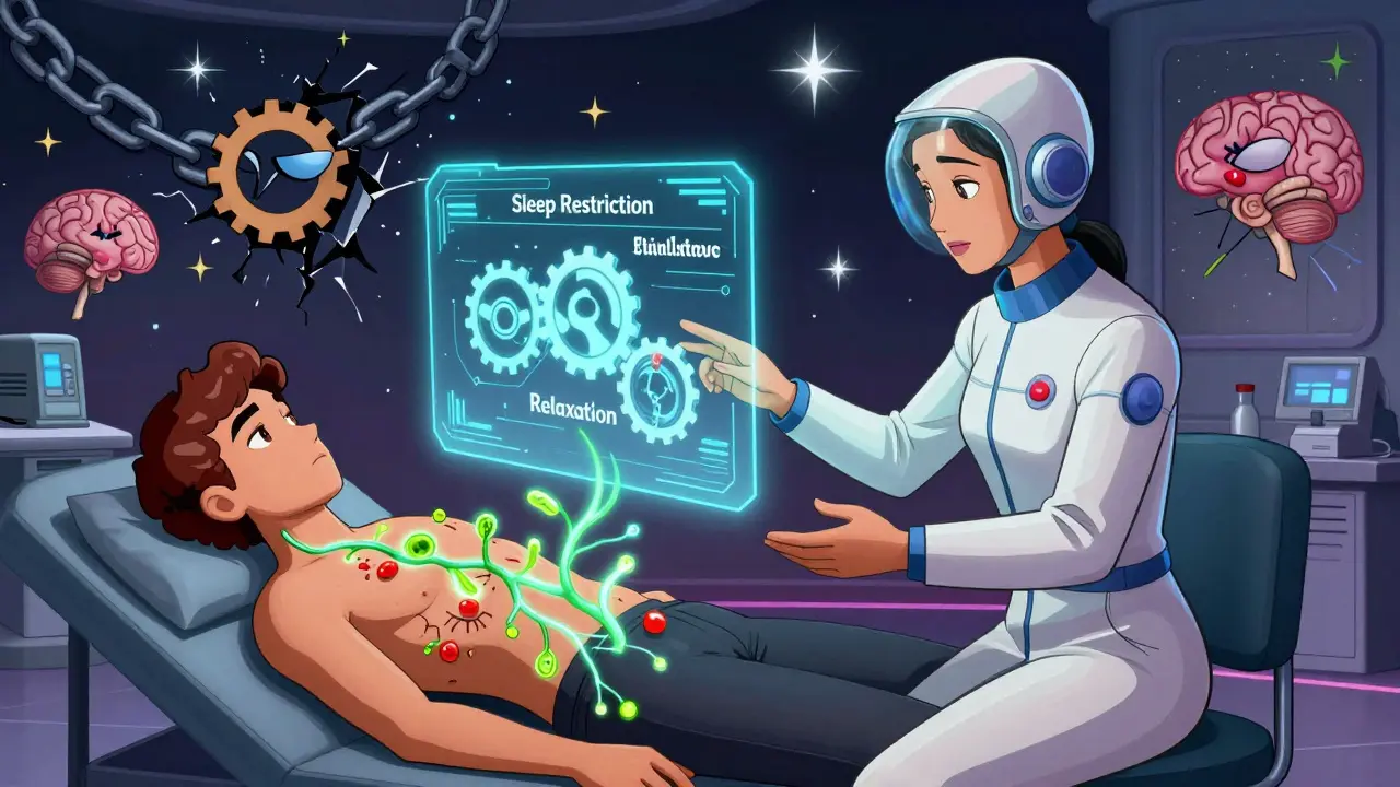 A therapist guides a patient through a holographic CBT-I interface with glowing neural vines reconnecting brain and body.