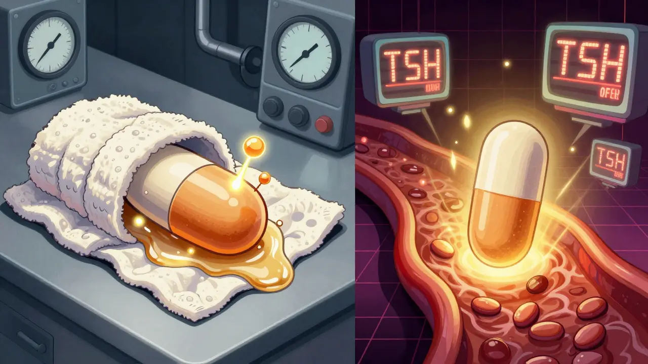 A thyroid pill wrapped in soy protein is contrasted with the same pill absorbing freely into a glowing bloodstream.