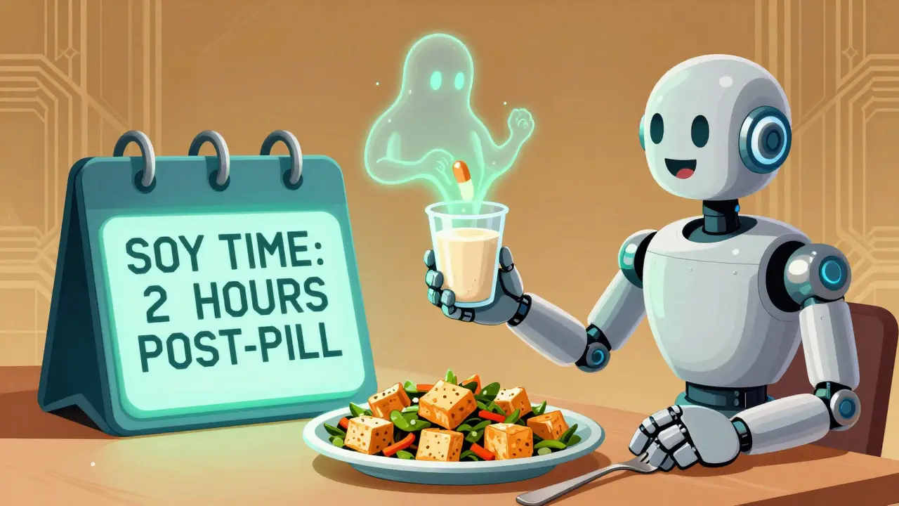 A vegan eats tofu at lunch while a digital calendar confirms safe timing after thyroid medication.