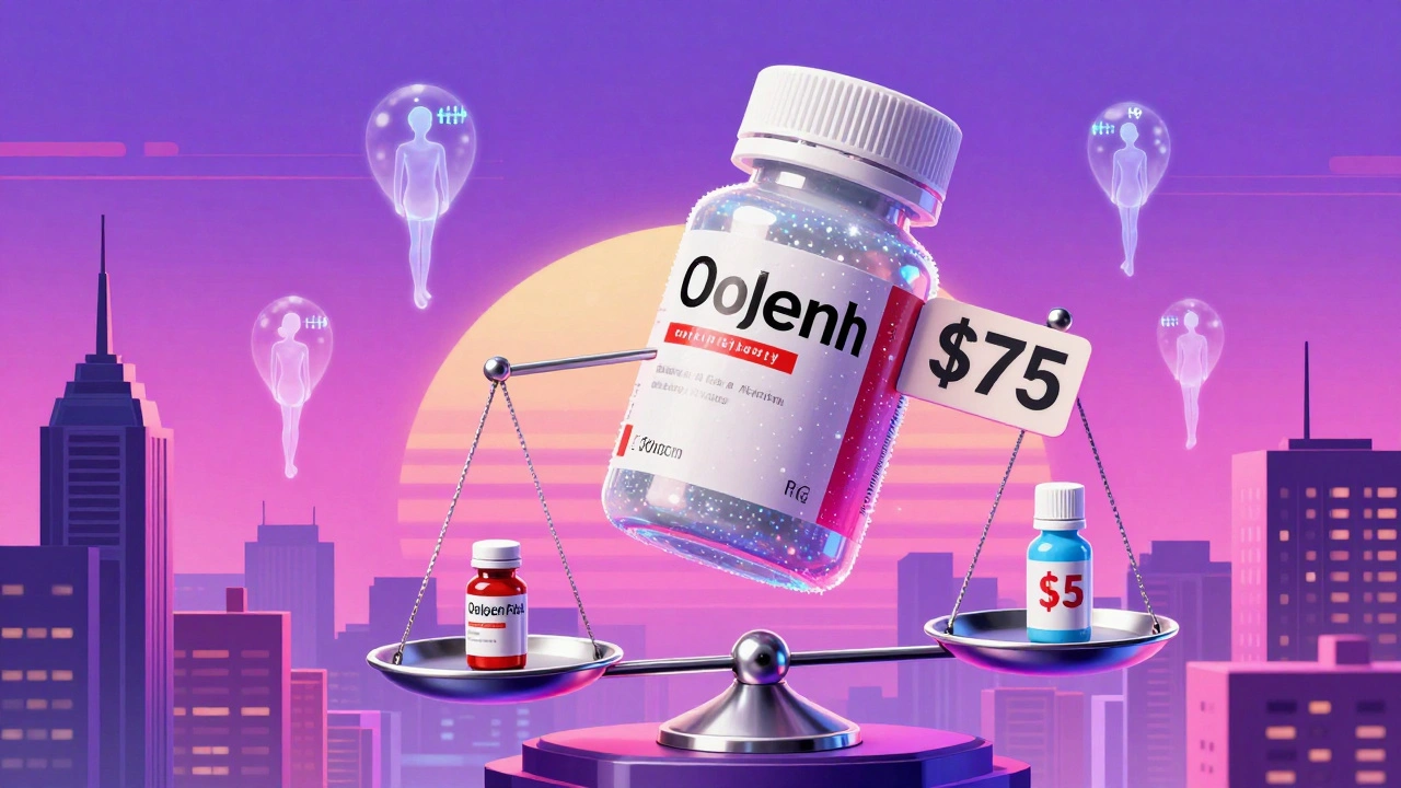 A whimsical scale tipping in favor of a tiny generic pill over a giant brand-name drug, lifting floating patient silhouettes in a cyberpunk city.