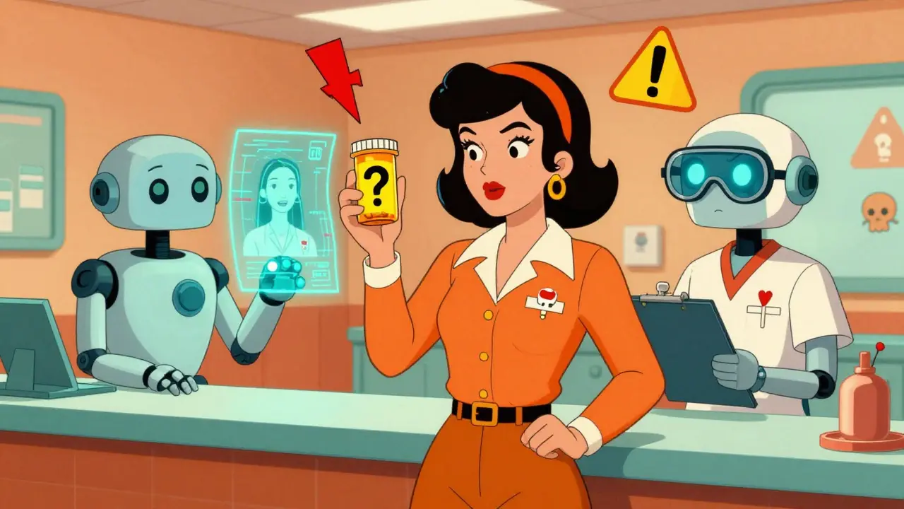 A woman challenges a robot nurse over a mismatched pill bottle in a glowing emergency room.