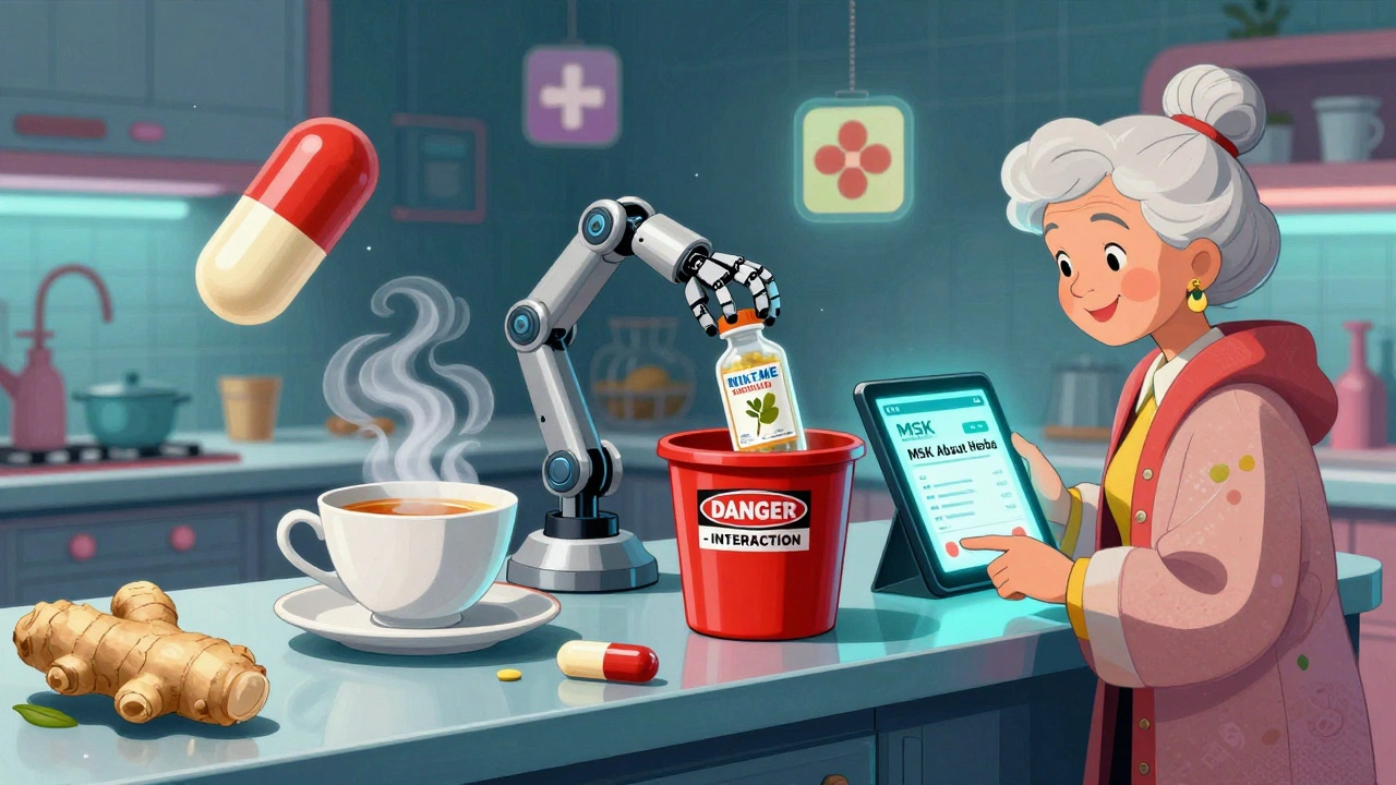 A woman in a futuristic kitchen discarding dangerous herbal supplements while using a health app.