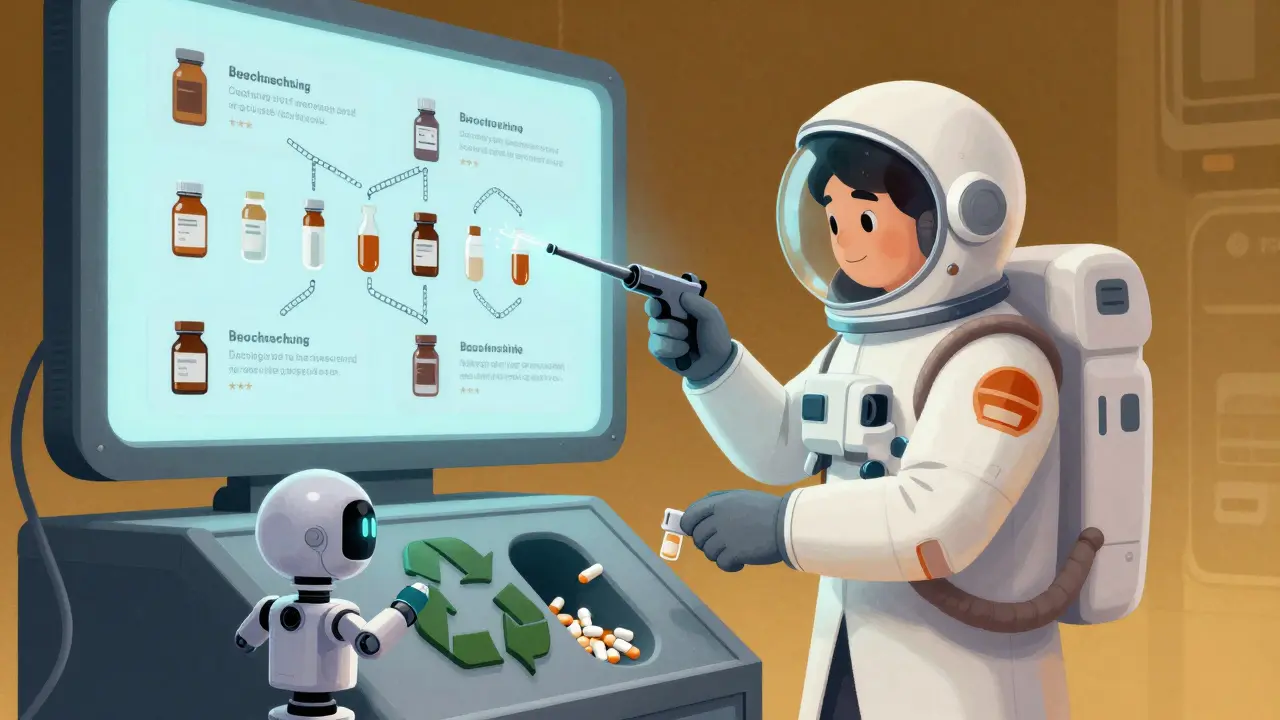 An astronaut pharmacist scanning medication samples with a laser wand, sorting expired pills into a recycling chute.