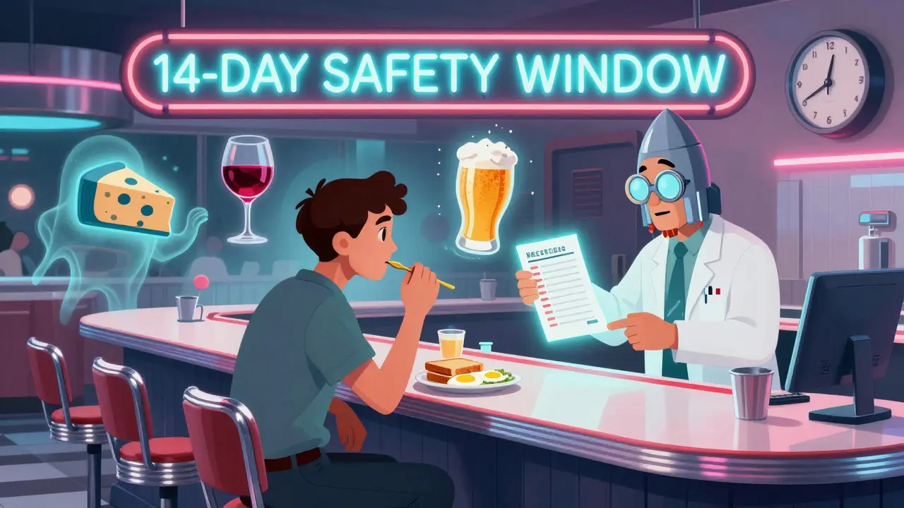 Atomic-age diner where a patient eats safely while ghostly risky foods hover behind them, under a glowing 14-day safety sign.