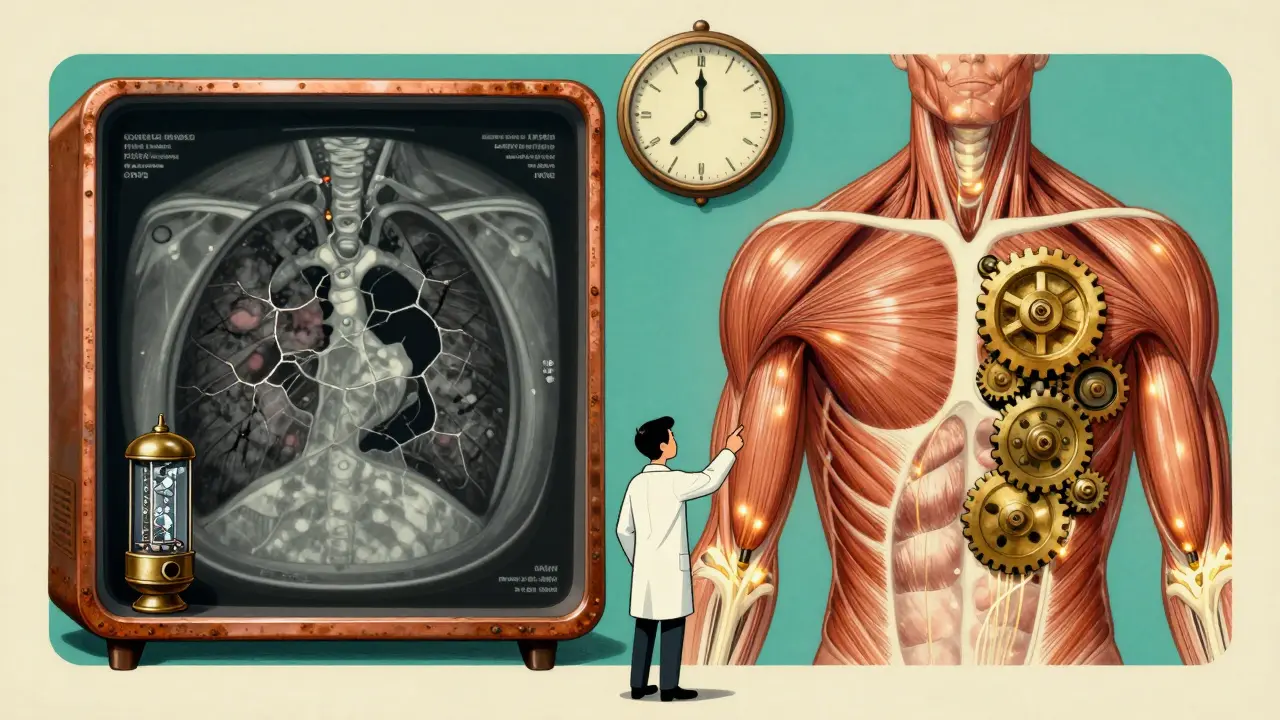 Contrasting CT scans of healthy and weakened muscles rendered as vintage tech parts in retro-futuristic art.