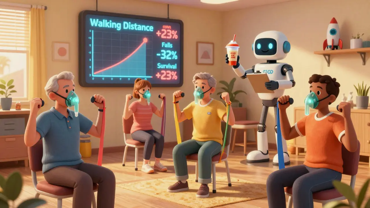 COPD patients doing seated exercise with oxygen masks and a glowing scoreboard showing improved health metrics.