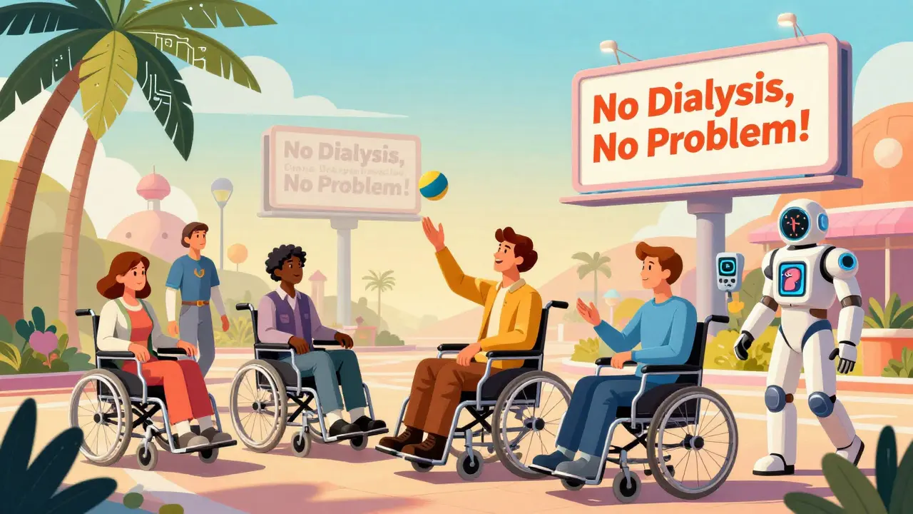 Diverse patients enjoying life in a sunny recovery park with holographic health monitors.