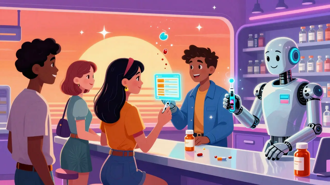Diverse patients exchange pills at neon pharmacy with floating Orange Book and robotic pharmacist.