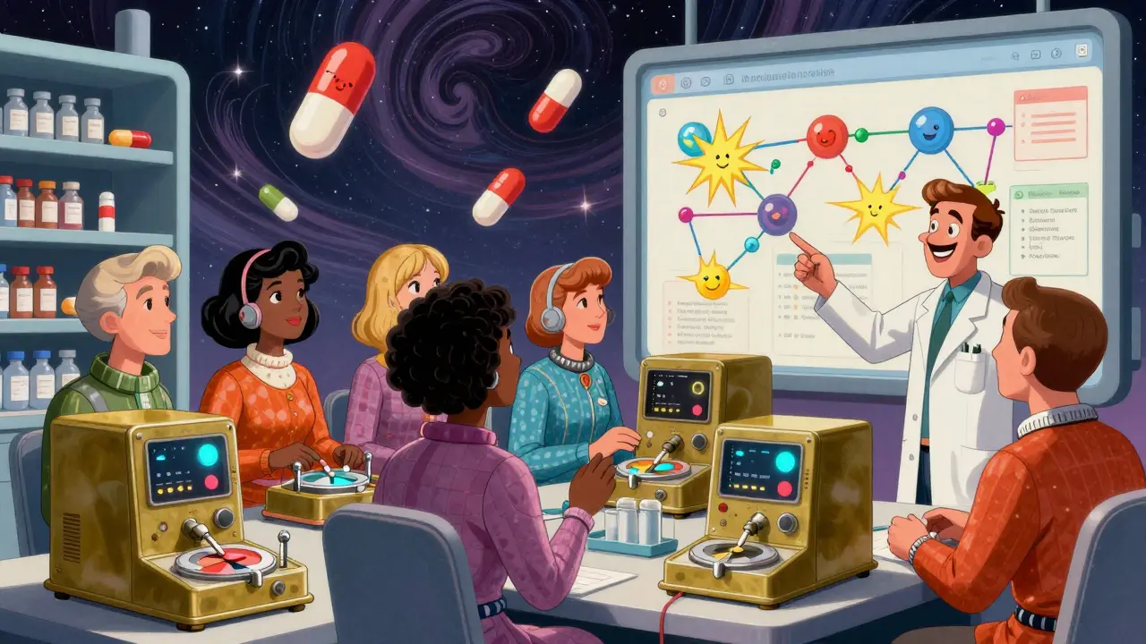 Diverse patients use vintage-style pill dispensers while a pharmacist points to a wall chart of drug interactions.