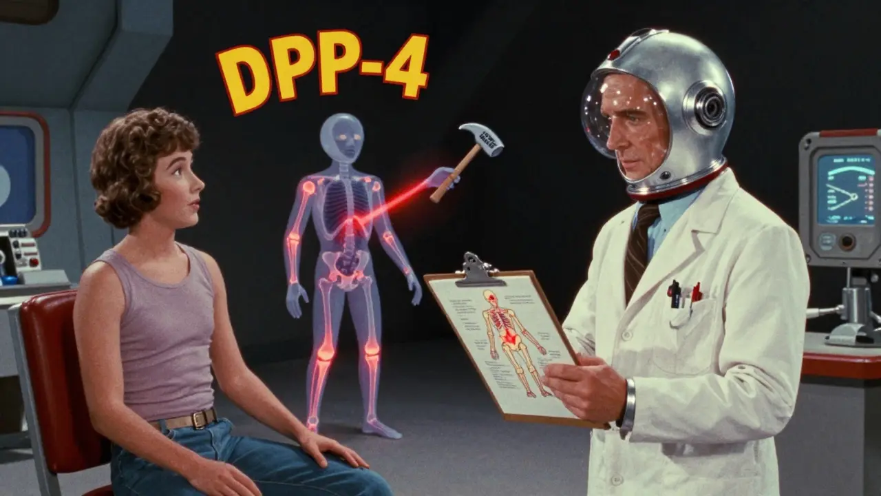 Doctor examining X-ray of joints with a DPP-4 enzyme being deactivated.
