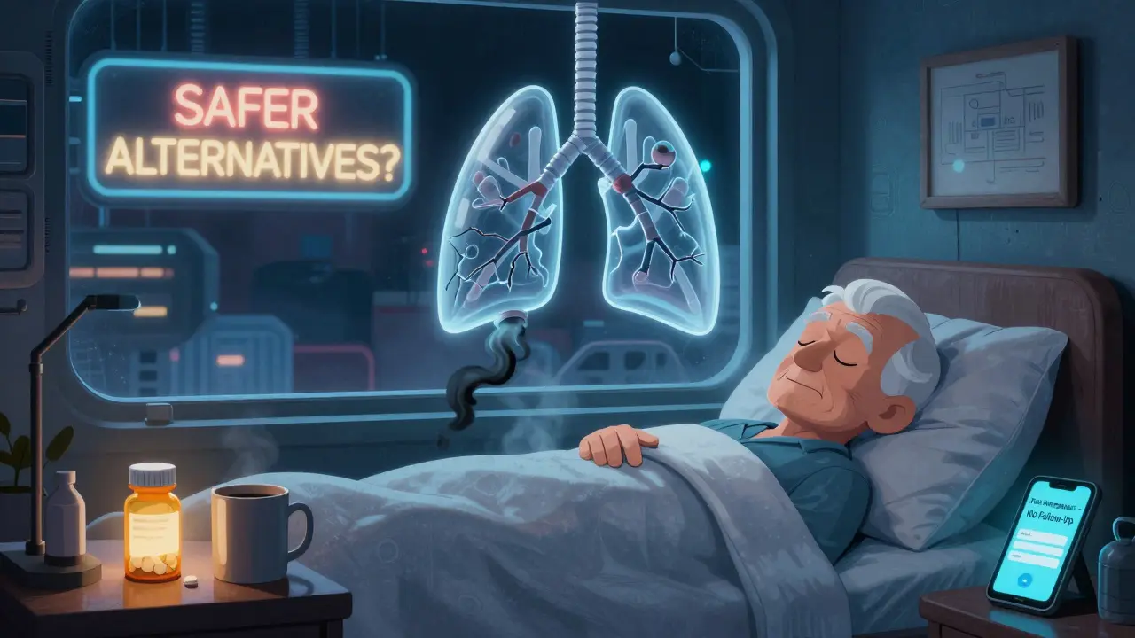 Elderly person sleeping as a broken mechanical lung leaks vapor above them, with a glowing pill bottle on the nightstand.