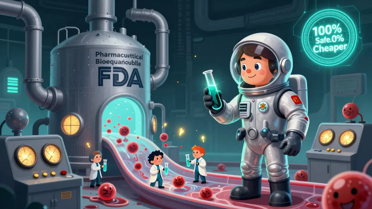 FDA inspector in spacesuit checks giant generic drug factory with bioequivalence visuals.