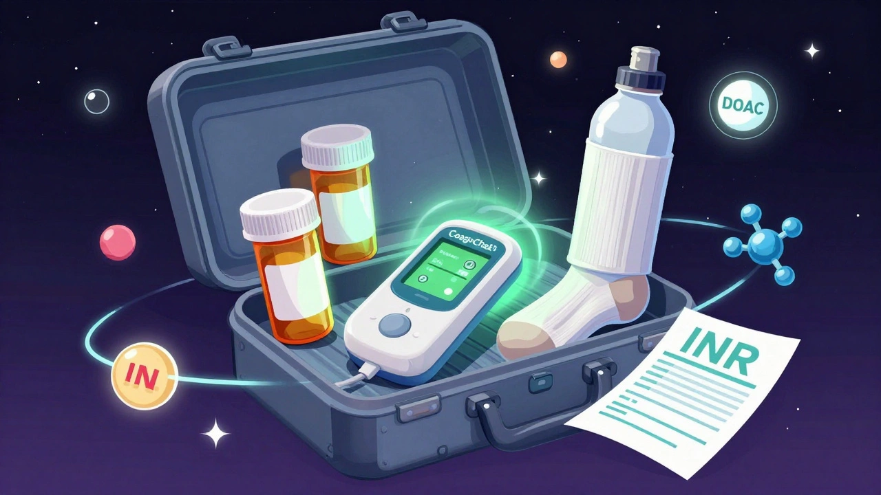 Floating travel kit with medication bottles, portable INR monitor, and compression stockings in sci-fi style.