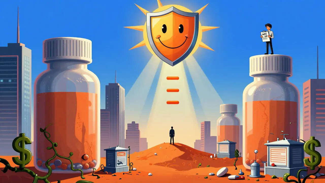 Giant generic pill skyscrapers overshadowing crumbling brand-name factories under a glowing FDA shield.