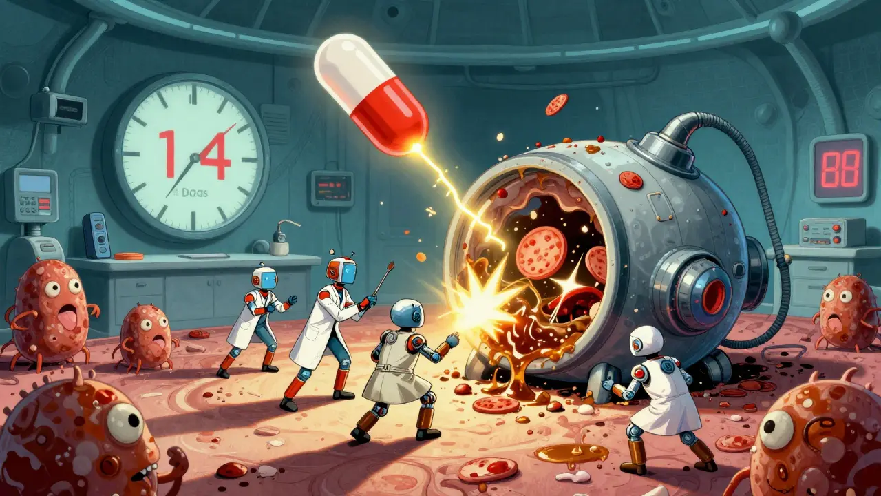 Inside-body cartoon battle between robot doctors and tyramine monsters, with a clogged enzyme vacuum and 14-day countdown clock.