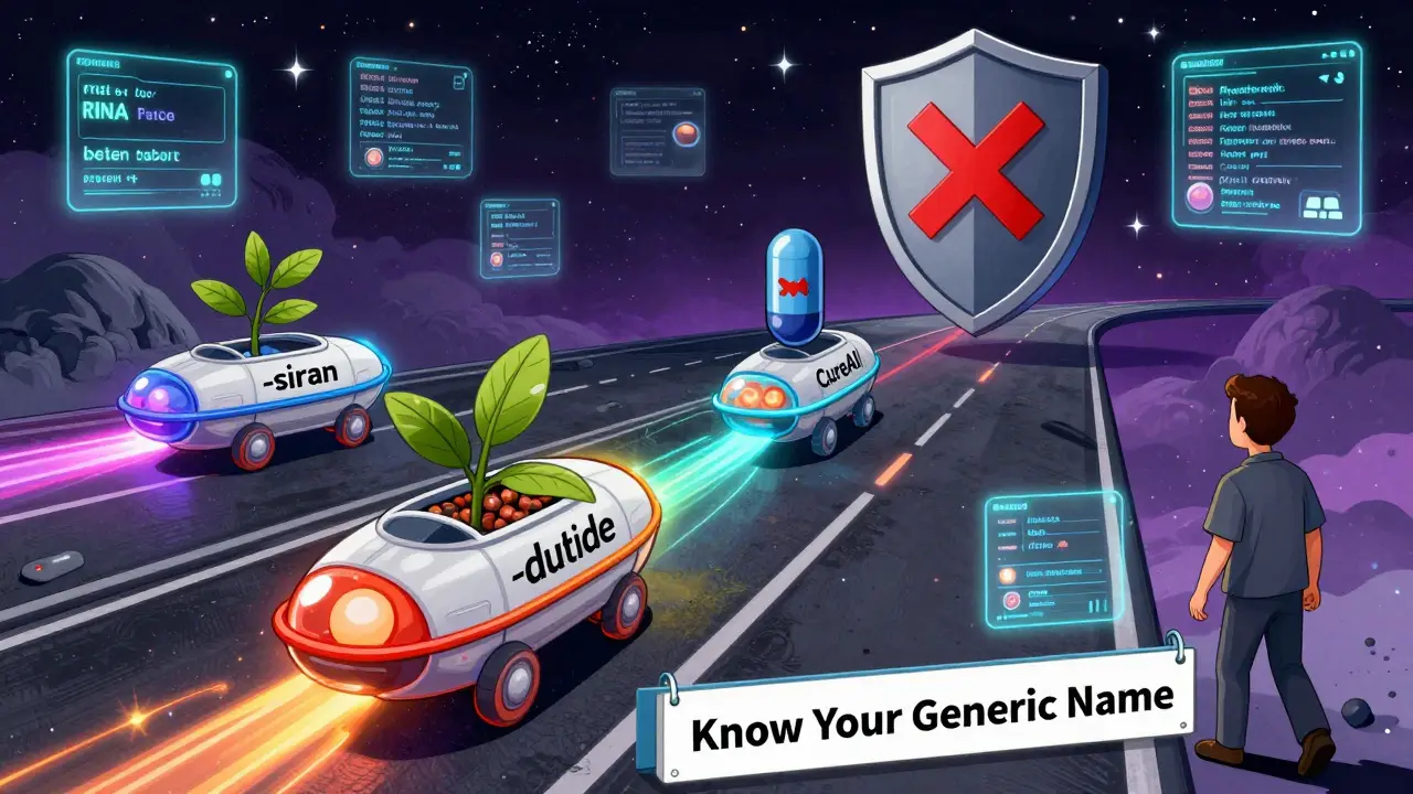 Molecular pods labeled with new drug stems race along a cosmic highway, blocked by an FDA shield, as a patient walks under a safety banner.