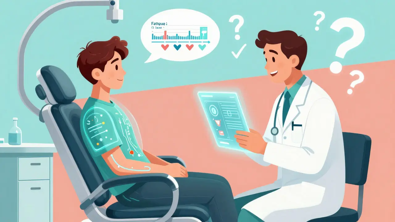 Patient discussing symptoms with a doctor using holographic vital signs in a sleek medical chair.