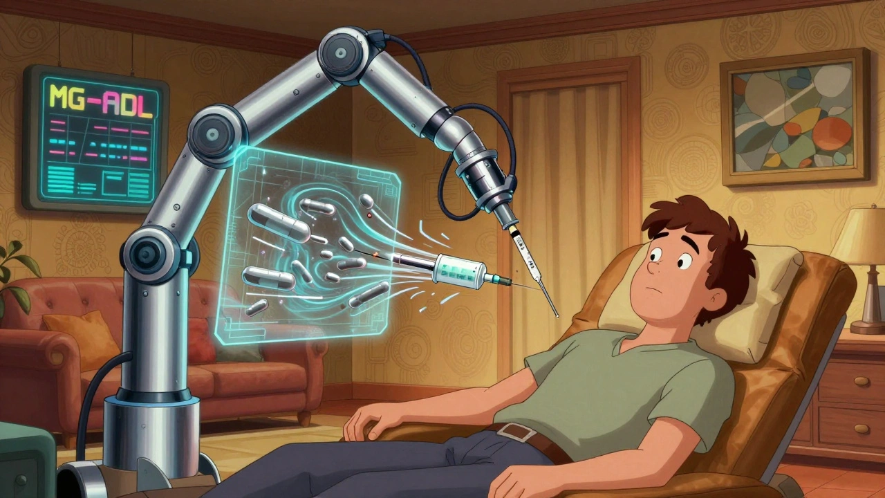 Patient receiving weekly FcRn inhibitor injection from a robotic arm in a retro-futuristic living room.
