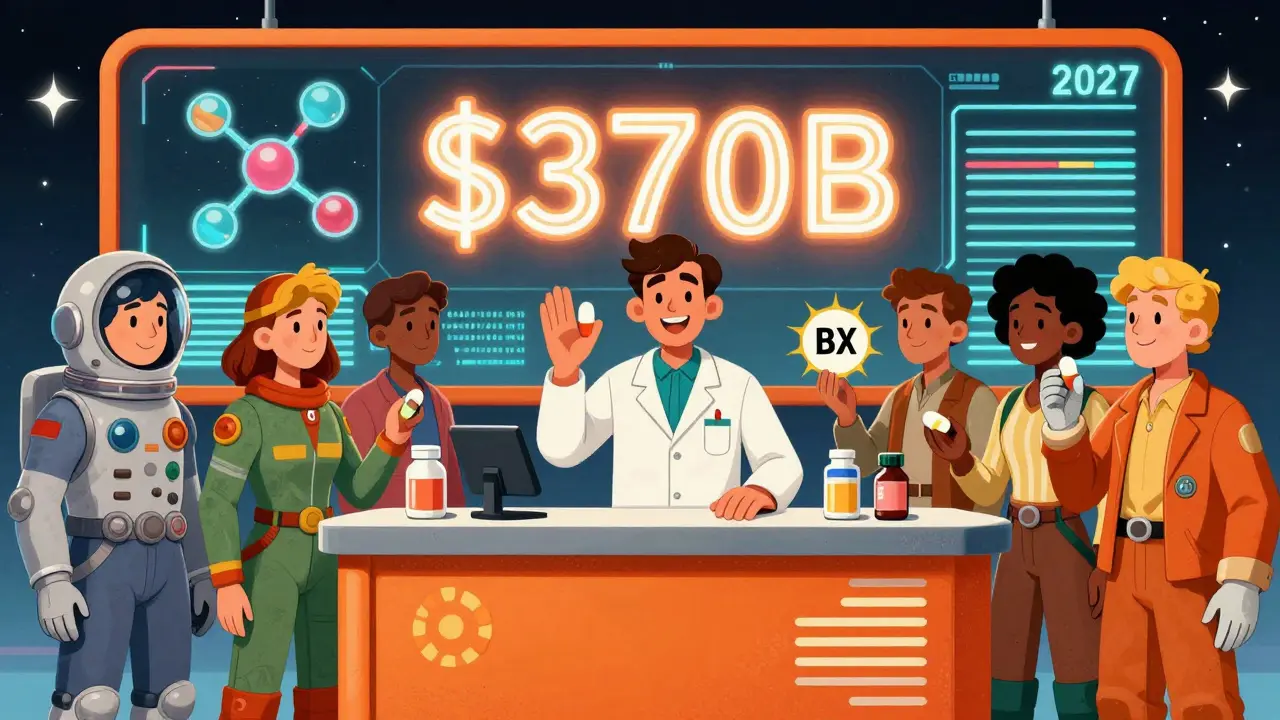Patients receiving pills from a pharmacist beside a glowing Orange Book with AB and BX labels.