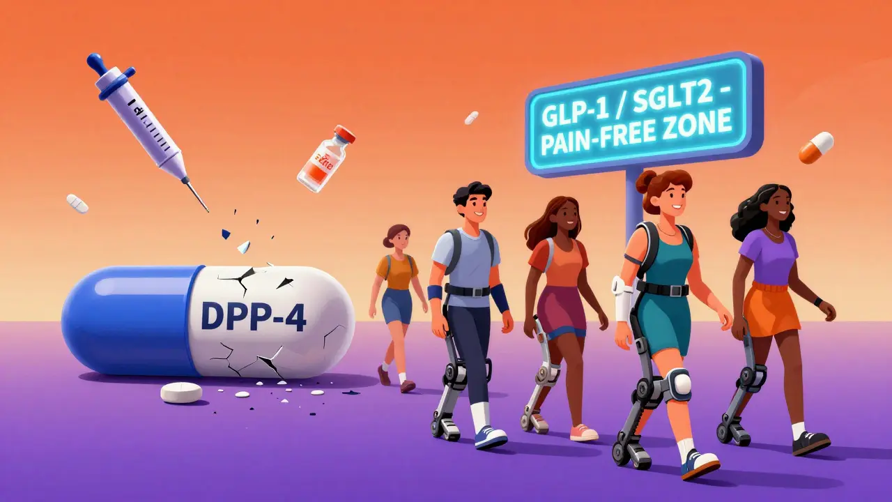 Patients walking away from a broken pill toward symbols of safer diabetes treatments.