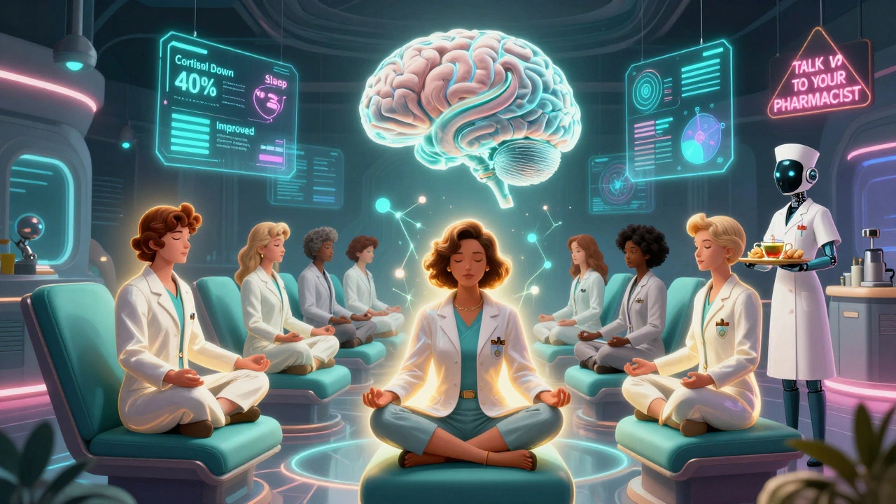 People meditating in zero gravity with glowing neural connections to a floating brain visualization.