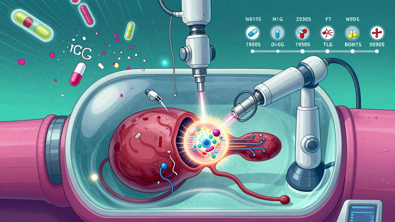 Robotic thymectomy inside a transparent chest, with antibodies dissolving into confetti.