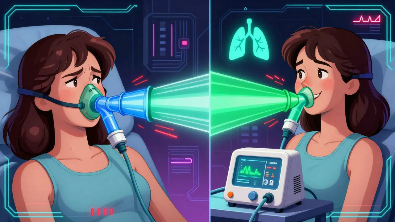 Split-screen illustration showing CPAP resistance on one side and BiPAP ease on the other, with color-coded air streams and floating health icons.