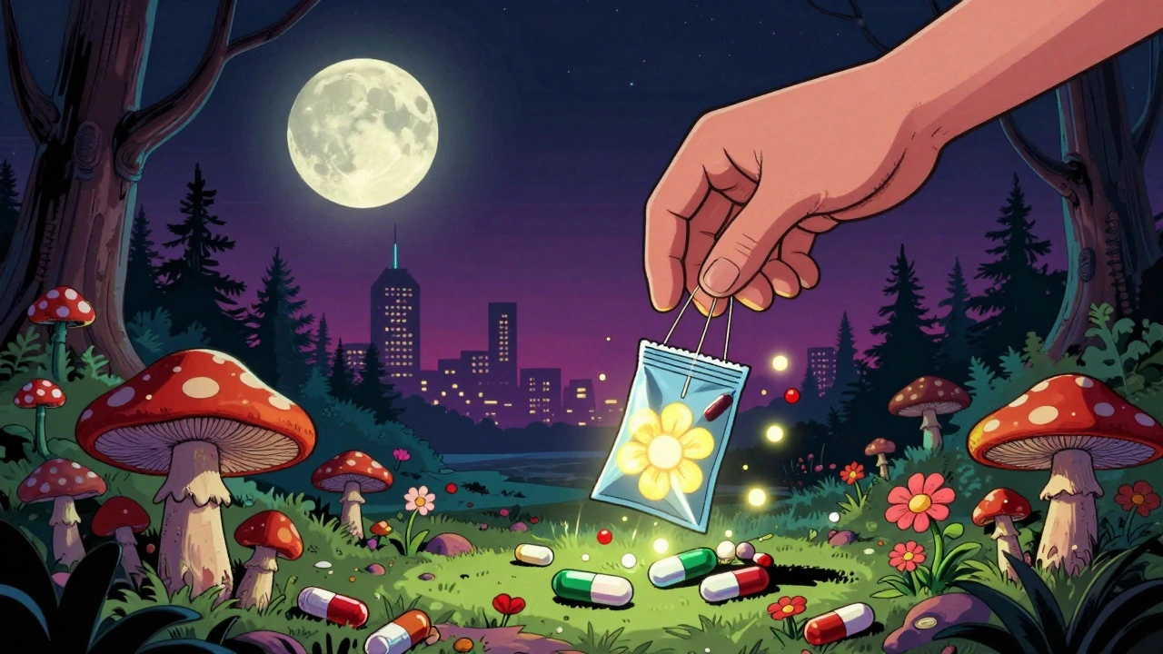 Toxic opioid pills growing as mushrooms in a cabinet forest, neutralized by glowing pouches turning them into light flowers.