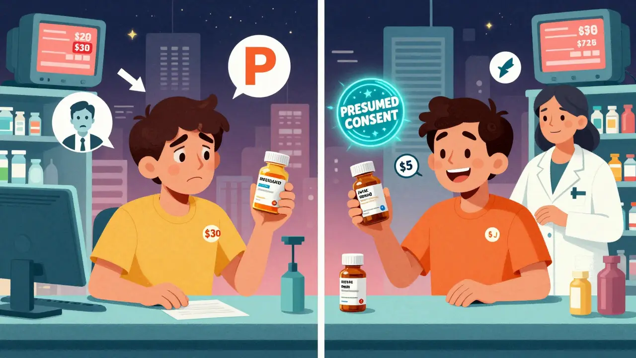 Two patients at a pharmacy counter, one receiving a brand-name drug, the other a cheaper generic with a glowing consent badge.