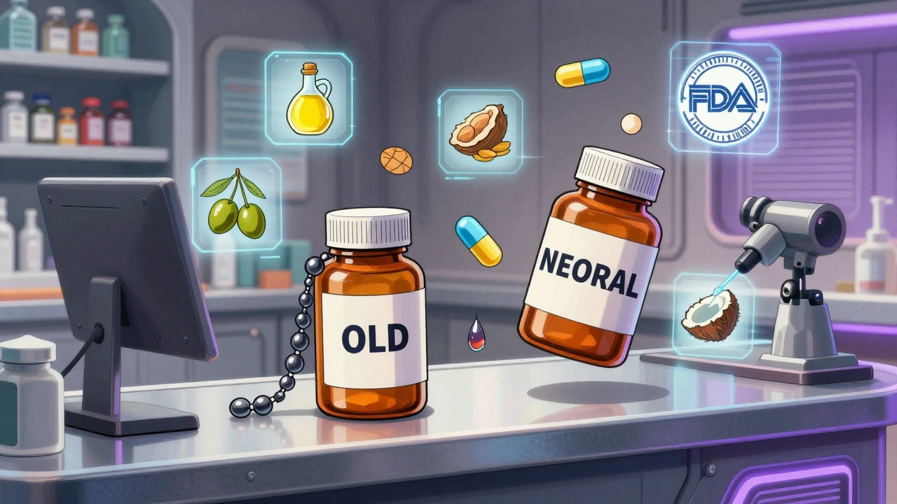 Two pill bottles contrast old and new lipid drug designs, with floating food icons and holographic medical seals.