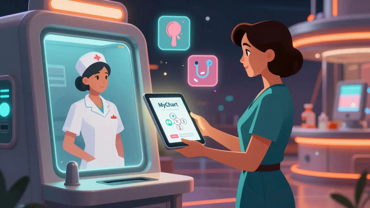 Woman checking in at a futuristic kiosk with her digital health profile displayed on a glowing tablet.