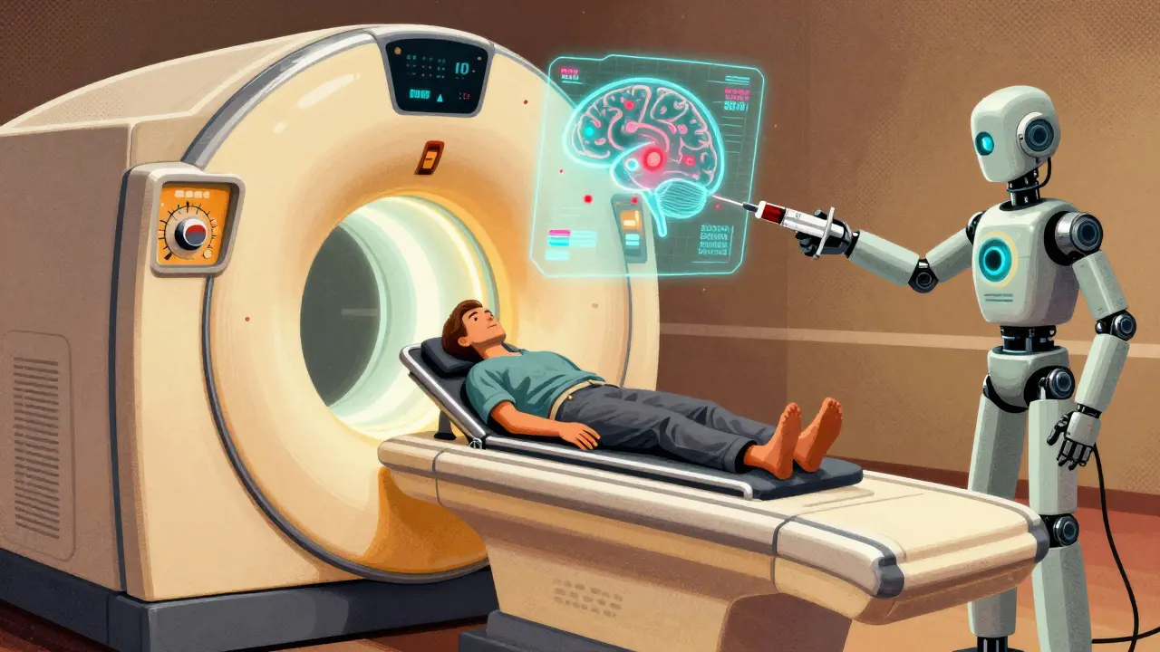 1950s-style MRI machine projecting a holographic brain with contrast dye and DWI signals.