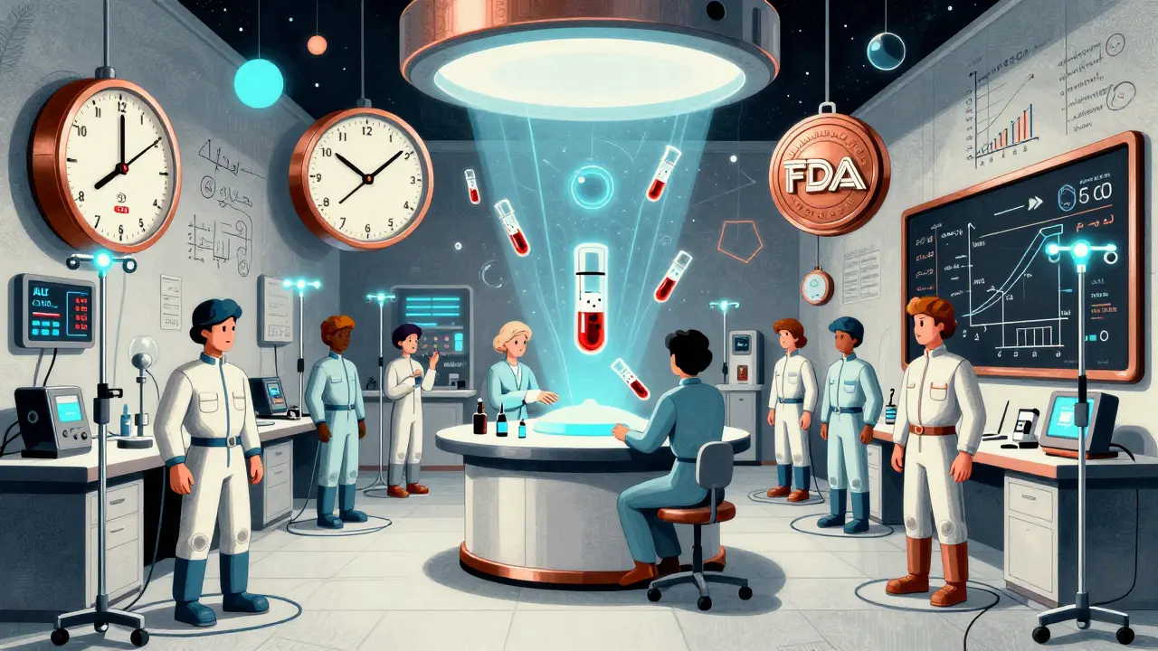 1980s-style lab with volunteers connected to glowing IVs, floating blood samples and data readouts.