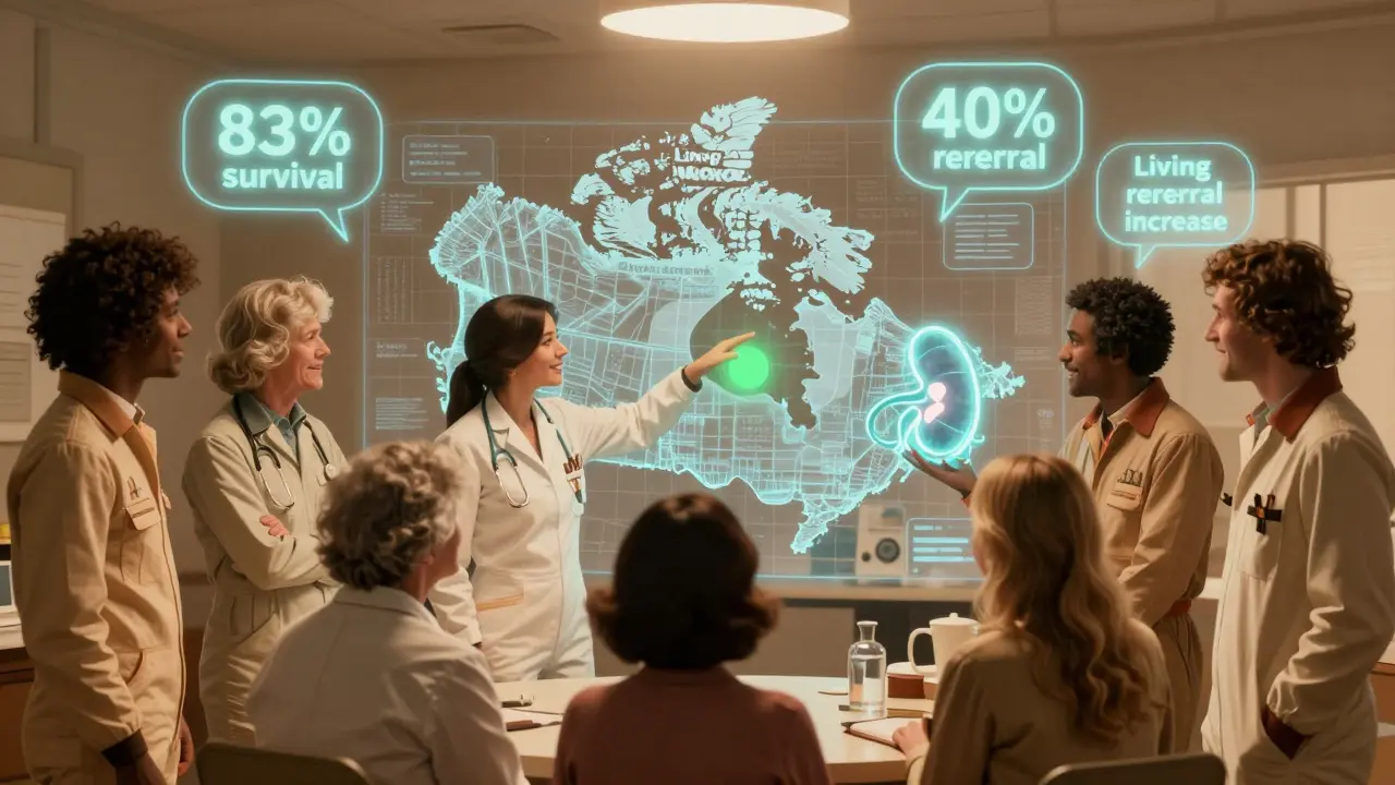 A diverse group of patients interacting with a holographic map showing living donor connections and survival stats.