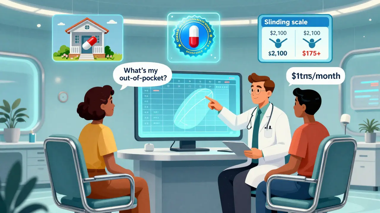 A doctor and patient review a 3D drug cost map in a retro-futuristic clinic, with mail-order and assistance icons floating nearby.