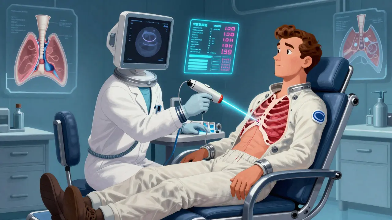 A doctor using a holographic ultrasound to guide a needle into a patient's chest in a steampunk medical setting.