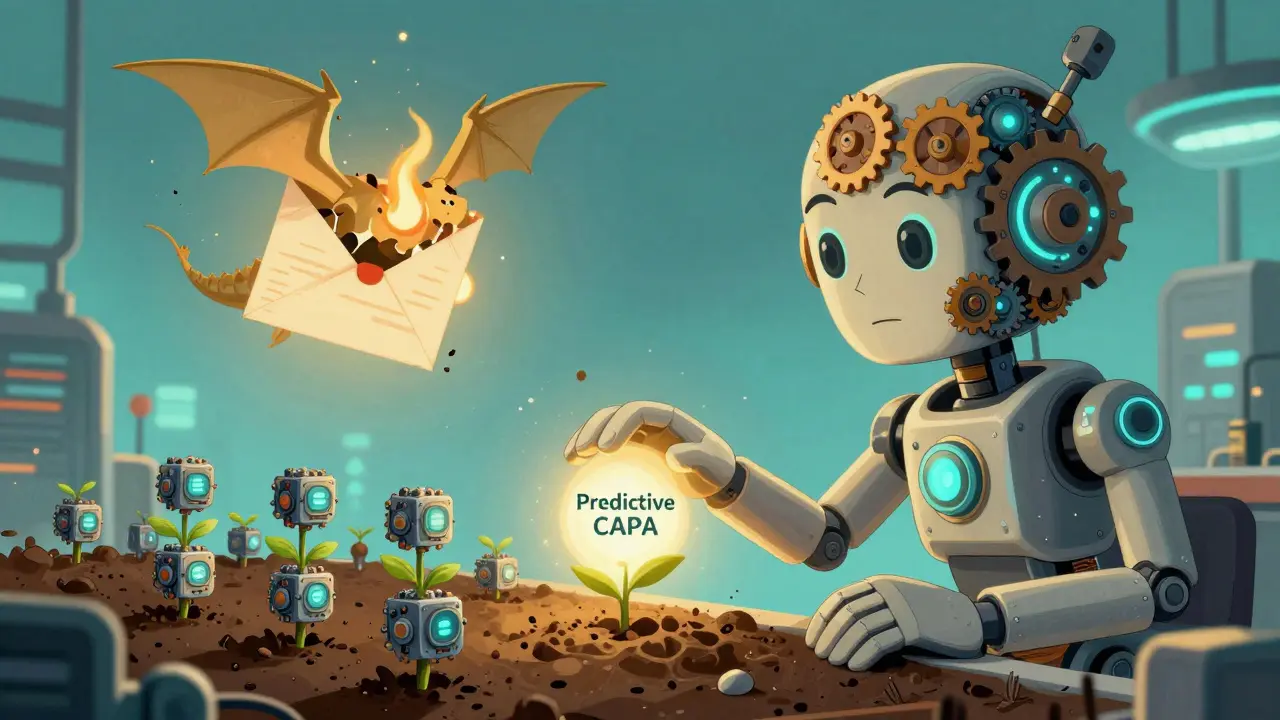 A gear-faced AI plant of predictive CAPA seeds that grow flawless products, while a warning letter burns away in the background.