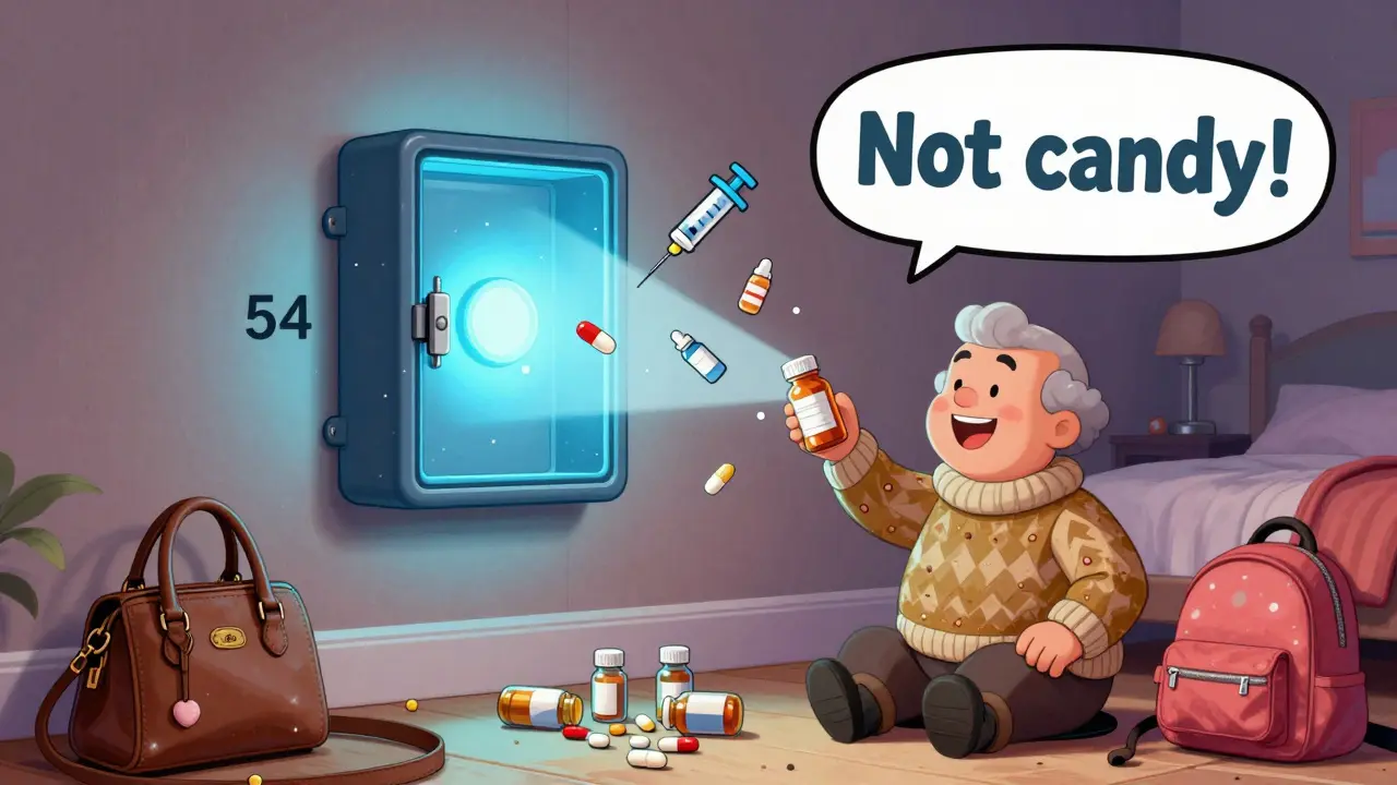A glowing lock box secures medicine as visitors put bottles away, with safety icons floating nearby.