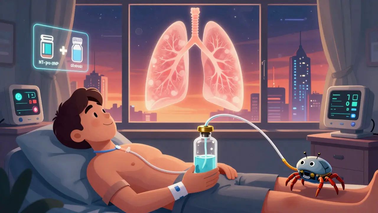 A patient draining fluid at home with a retro-futuristic catheter, glowing lung and floating health data in background.
