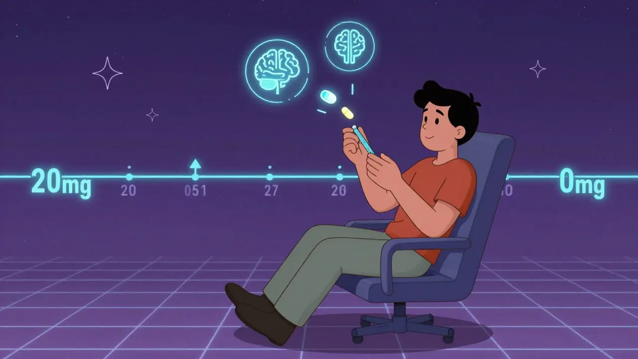 A person splitting a pill into micro-pieces while withdrawal symptoms fade like stars, surrounded by a timeline.