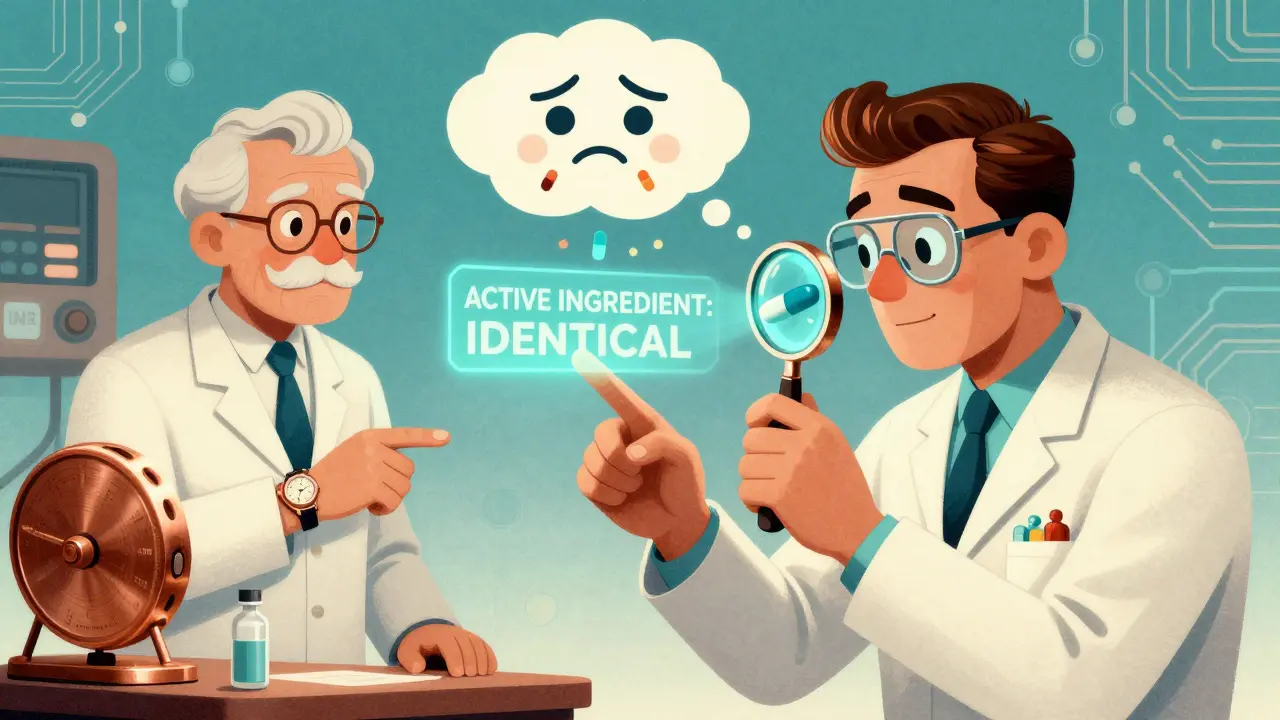 A pharmacist using a hologram to show identical active ingredients in two pills.