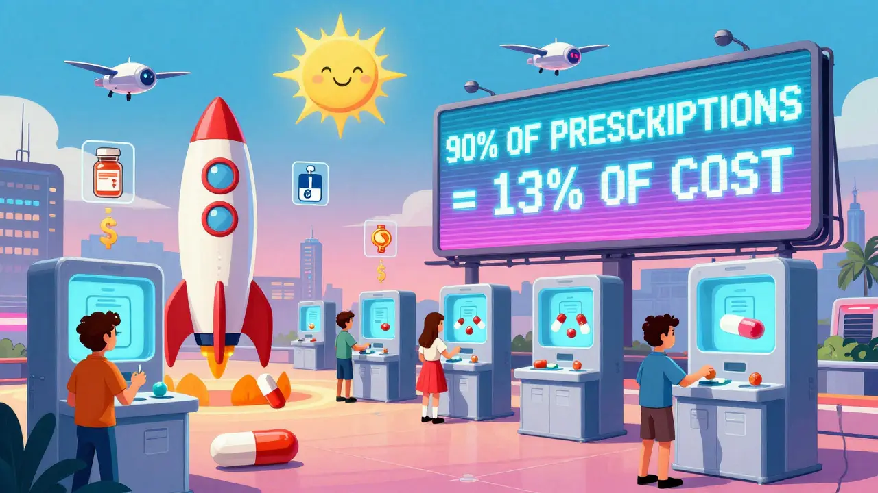 A retro-futuristic healthcare scene with rocket-shaped pill dispensers, glowing cost-saving stats, and floating medication icons.
