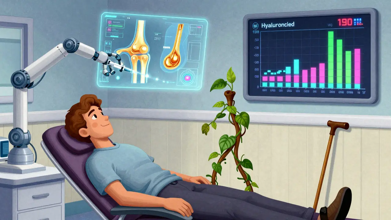 A robotic arm administering a glowing injection as holographic joint fluid restores cartilage.