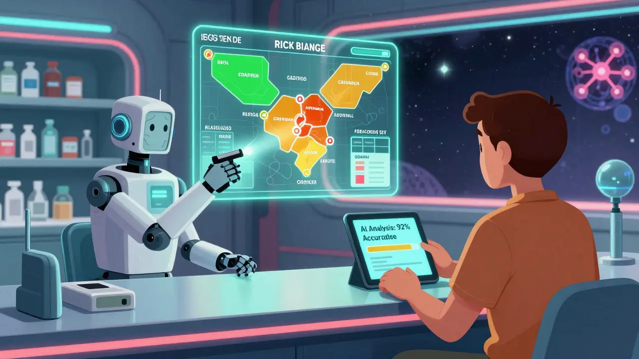 A robotic pharmacist scans a patient’s genetic code, displaying personalized drug risk zones in a futuristic pharmacy.
