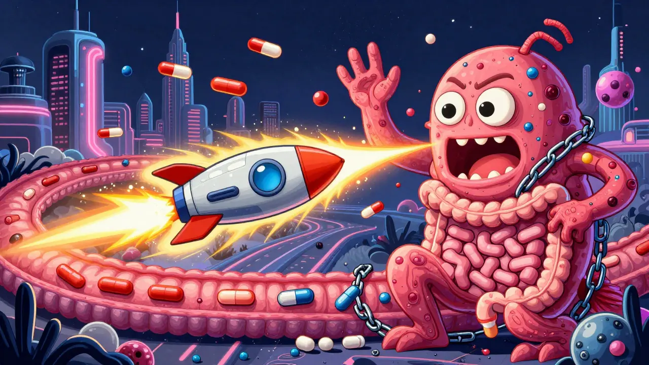 A rocket ship battling a nausea monster inside a surreal digestive tract, with golden energy boost and retro-futuristic organ cityscape.